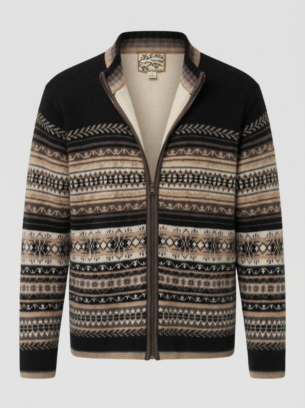 Vintage Fair Isle Full Zip Cardigan Knit Sweater Mock Neck Neutral Pattern Small
